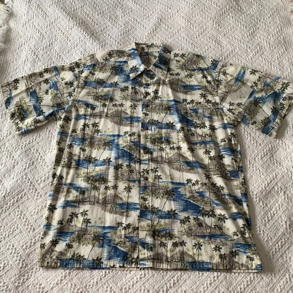 Pierre Cardin Mens Hawaiian Shirt Size L Palms Floral Boats Water 100% Cotton